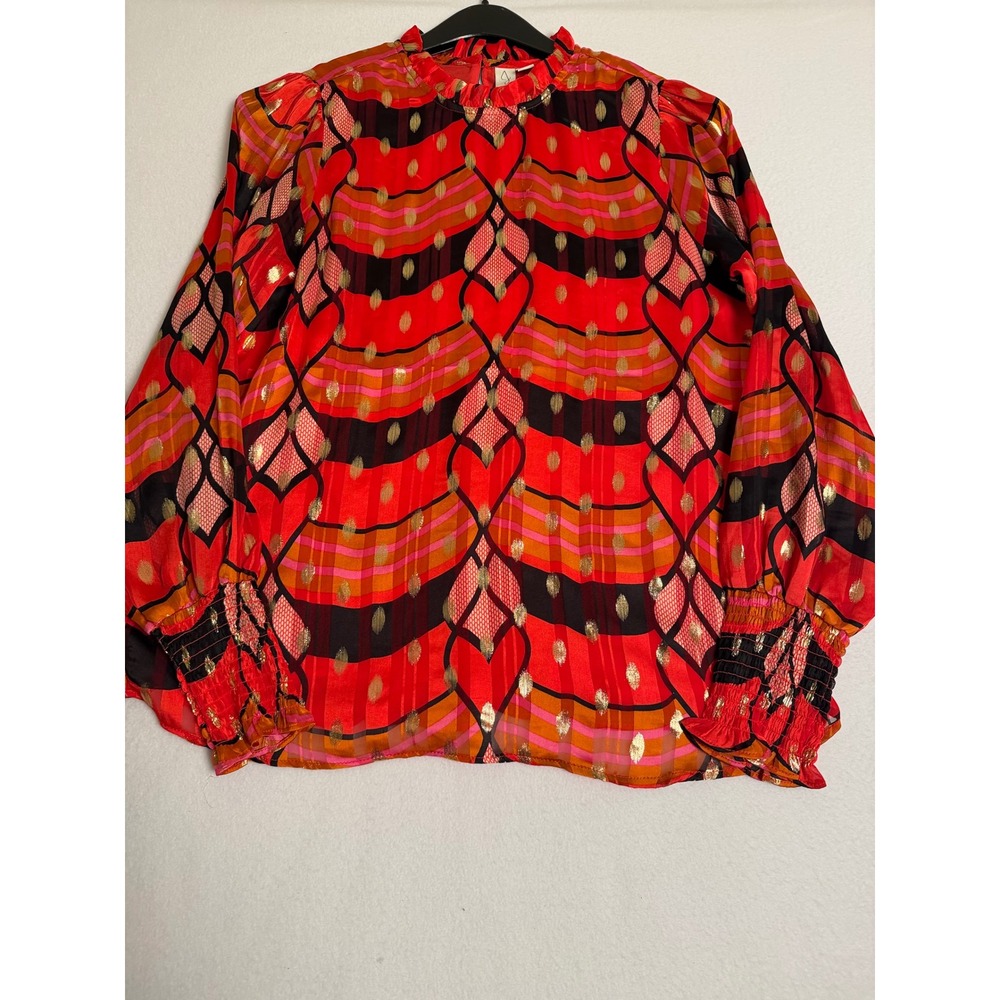 Joie Red Geometric Metallic Gold Foil Polka Dot Smocked Cuff Blouse Medium